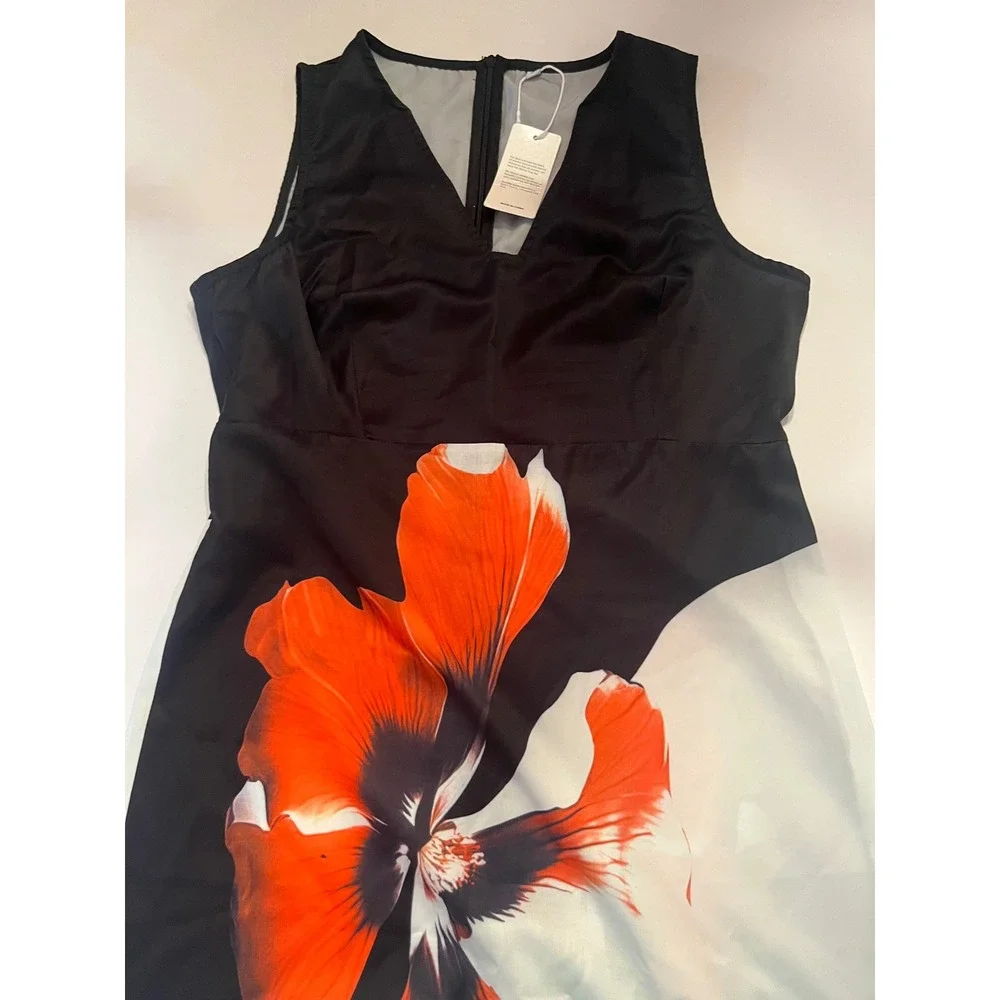Woman's Sleeveless V-Neck Dress Floral Orange‎ Black White Size Large